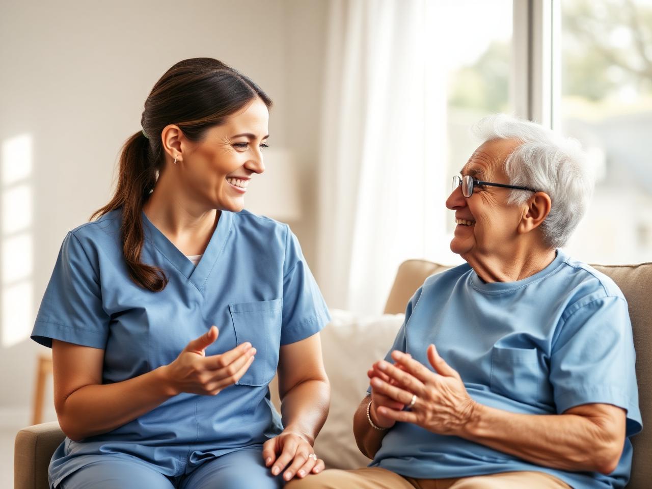 Care professional in conversation with elderly gentleman